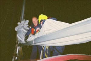 Furling the main after the night sail