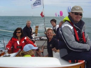John and son Tim astern, Andrew and Tim Levett to port, and Pip, Lulu and me centre
